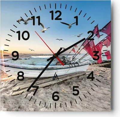 Produktbild von Wanduhr - Quadrat - Glasuhr - Łódź Küste Möwen - 40x40cm - Schleichendes Uhrwerk - Lautlos - zum Aufhängen bereit - Dekoration Modern - Wanddekoration aus Glas - C4AC40x40-4779