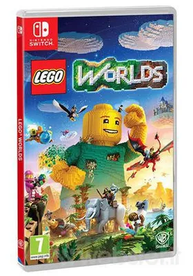 The image shows the Nintendo Switch game case for LEGO Worlds, featuring characters and scenes from the game.