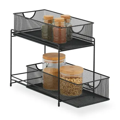 Produktbild von Relaxdays Küchen Organizer, 2 Ausziehkörbe, Etagenregal aus Metall, H x B x T: 32 x 19 x 35,5 cm, Bad Organizer, schwarz