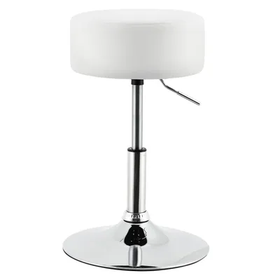 A white, round, adjustable height stool with a silver chrome base and stem, presented against a white background.