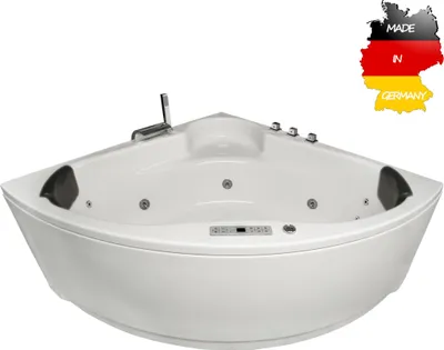 Produktbild von Basera CLASSIC Indoor Eck-Whirlpool Badewanne Futuna 140 x 140 cm mit 21 Massagedüsen, Wasserfall, LED-Ambiente, Touchpanel, Bluetooth und Radio