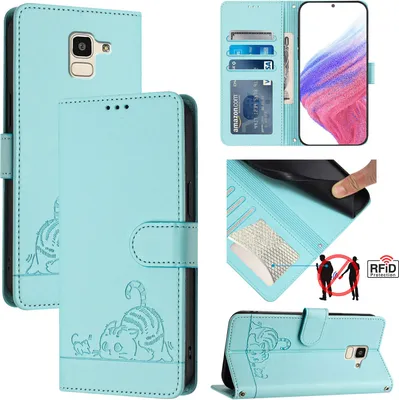 Produktbild von Leder Hülle für Samsung Galaxy J6 2018 Süße Katze Flip Case Brieftasche Schutzhülle mit Standfunktion hellgrün