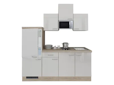 Produktbild von Singleküche mit E-Geräten - 210 cm breit - Hochglanz Weiß Sonoma Eiche – Valencia