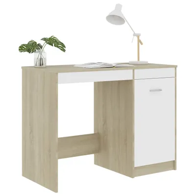 Productafbeelding van vidaXL Bureau, wit met Sonoma-eikenlook, 100x50x76 cm, houtvezel