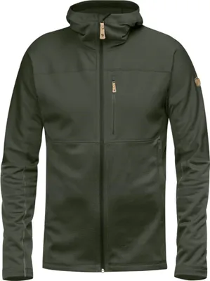 A front view of a dark green hooded jacket.