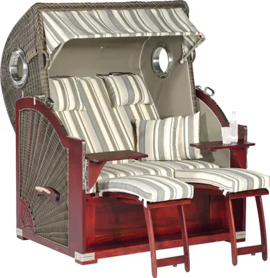 Produktbild von Rustikal Strandkorb 500 Plus Comfort 3/4-Liegemodell mit seitlichen Bullaugen, Geflecht cappuccino, Strukturpolyester gestreift, Mahagoniholz naturfarben lasiert, ca. 140x95x160