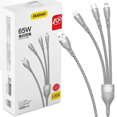 Zdjęcie produktu dla Dudao 3W1 Kabel Usb - Lightning / Microusb/ Usb Typ C 65W 1,2M Szary (L20X)