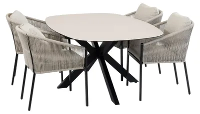 Produktbild von 5-teiliges Gartenmöbel-Set | 4 stapelbare Gartenstühle Elvira (Sand) | Gartentisch Malaga 180 x 115 cm (Schwarz)