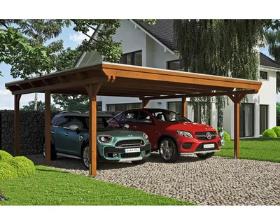 Produktbild von Doppelcarport SKAN HOLZ Emsland inkl. EPDM Folie, Pfostenanker 613 x 604 cm nussbaum