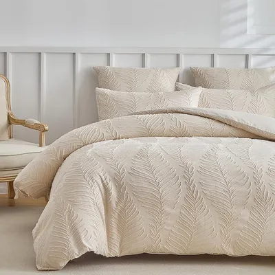 Productafbeelding van Bettenset met bladmotief, beige, 135x200 cm, 1 kussensloop 40x80 cm, microvezel