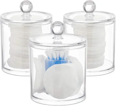 Image de Ensemble de 3 supports pour cotons-tiges – Support pour disques de coton – Couvercle – Entretien minimal – Organisateur en acrylique – Transparent