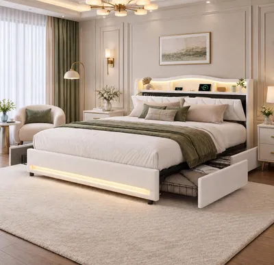 Produktbild von INONEFT Polsterbett 160x200cm, Doppelbett mit LED und USB, Jugendbett mit 4 Schubladen und Stauraum im Kopfteil, bett mit Lattenrost, Samt, beige