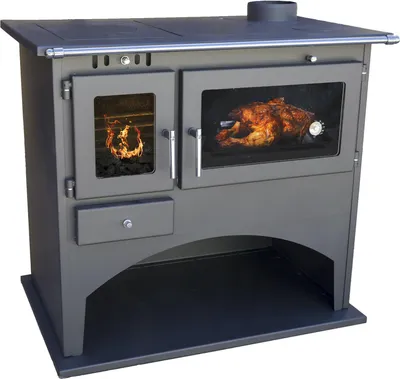 A gray wood-burning stove with a glass oven door showing a roasted chicken and a smaller glass door showing flames.