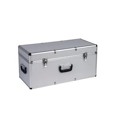 A silver transport case with black handles and latches, isolated on a white background.