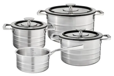 A set of four stainless steel pots and pans with lids, arranged on a white background.