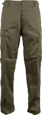 A pair of olive-colored cargo pants is shown against a white background.