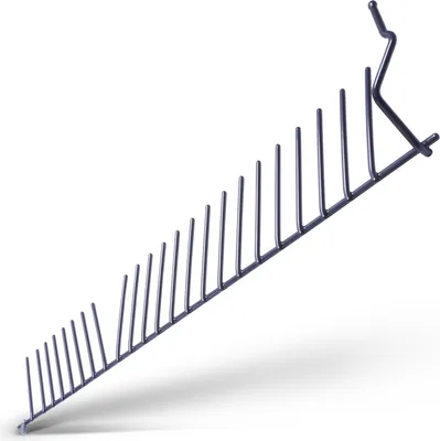 A close-up, angled view of a gray metal dishwasher rack insert with multiple prongs for holding plates.