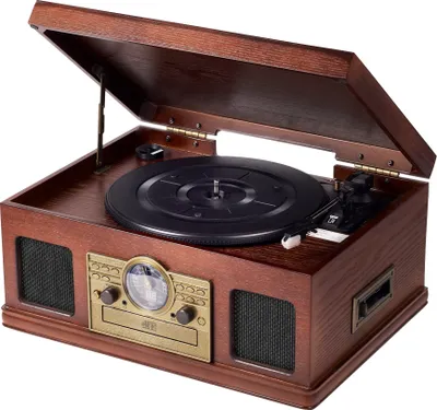 A vintage-style music center with a turntable, CD player, and cassette deck.
