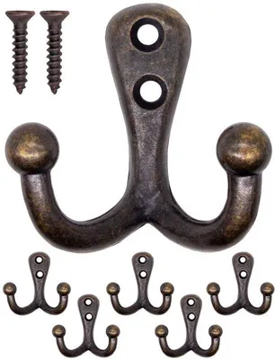 Produktbild von Unyqoos® Set 5 Vintage Doppelhaken – Gusseisen, antike Messing-Optik, Wandhaken für Garderobe, Bad & Flur, inkl. Schrauben