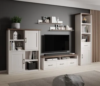 Produktbild von TV Möbel Set im Landhausstil LUND-78 in Pinie weiß Nb./Trüffel Eiche Nb., B/H/T: ca. 344/201/43 cm