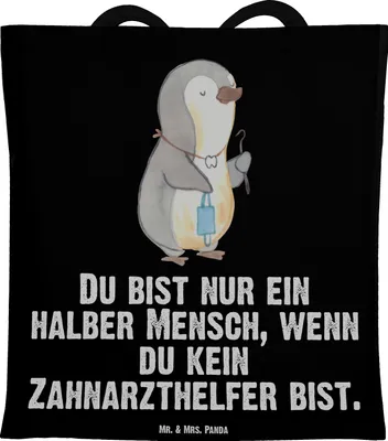 Produktbild von Mr. & Mrs. Panda Jutetasche Zahnarzthelfer Herz - Schwarz - Geschenk, Uni Tasche, Einkaufstasche, Laptoptasche, Tote Bag, Schultasche