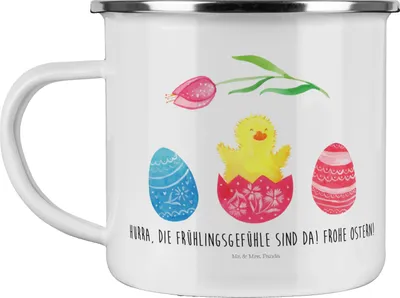 Produktbild von Mr. & Mrs. Panda Emaille Tasse Küken Schlüpfen - Weiß - Geschenk, Ostern, Ei, Campingbecher, Frohe, Liebe Grüße, Pott, Ostergrüße, Teetasse, Kaffeepott, Ostereier, becher