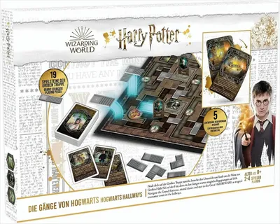 The image shows the packaging of a Harry Potter board game, featuring the game board, cards, and a character illustration.