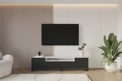 Produktbild von ALTDECOR TV-Schrank NOA-2-S mit Gefrästen Fronten 200x53x41 Lowboard, TV Möbel, TV Cabinet, Fernsehtisch, Fernseher Schrank, TV Kommode, TV Tisch, TV Sideboard, TV Board - Weiß / Schwarz