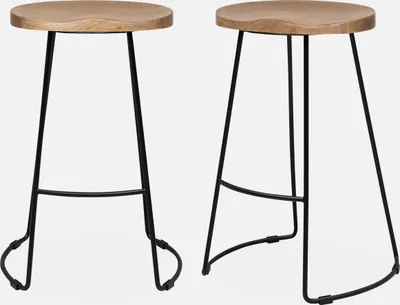 Two bar stools with wooden seats and black metal legs are shown against a white background.
