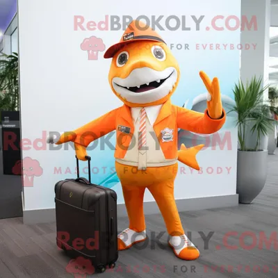 Produktbild von Maskottchen REDBROKOLY eines orangefarbenen Hais in Bermudashorts und Aktentasche