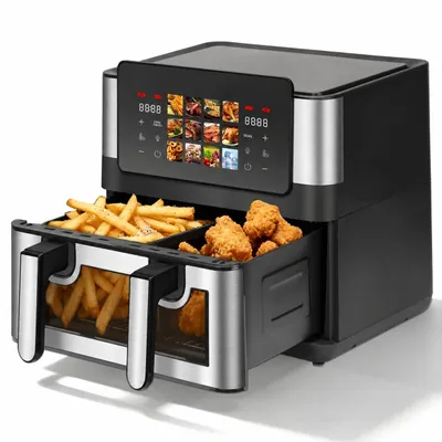 Produktbild von Draixcor Heißluftfritteuse 8,5L Dual 2000W, Airfryer mit 2 Kammern/XXL-Garraum, Sichtfenster, Touchscreen, 12 Programme, Sync-Finish, fettarm, ohne Öl