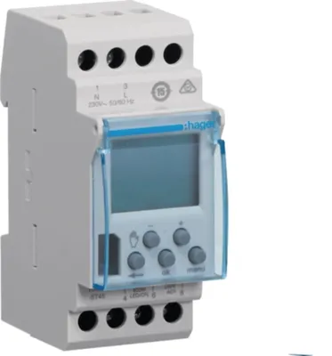Zdjęcie produktu dla Hager EGN103. Typ: Timer, Typ wyświetlacza: Cyfrowy, Technologia transmisji: Bezprzewodowa. Napięcie wejściowe AC: 230 V, zakres napięcia AC: 230 - 254 V, częstotliwość wejściowa AC: 50 - 60 Hz. Szerokość: 35,8 mm, Głębokość: 61,6 mm, Wysokość: 90 mm (EGN103)