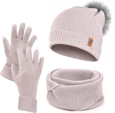 Produktbild von Damen Wintermütze Schlauchschal Handschuhe Set Winter Gestrickte Warme Mütze Schal Winterhandschuhe Rosa