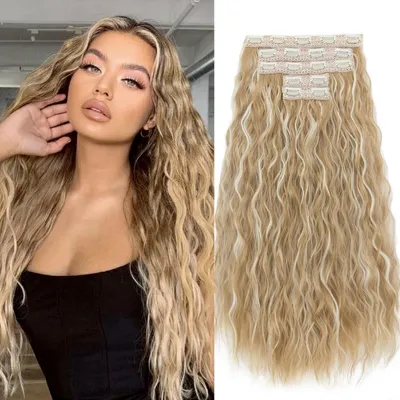 Immagine prodotto di Clip-in per extension, lunghezza 60 cm, biondo scuro con meches, set da 5 pezzi, 250g, capelli sintetici