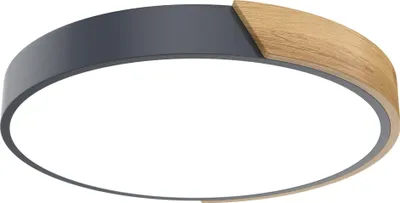 A circular LED ceiling light with a gray outer rim and a section of wood-grain texture.
