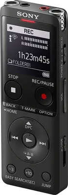 A black Sony digital voice recorder is shown from the front.