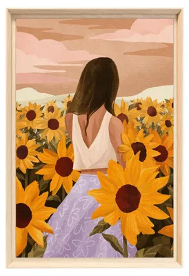 Image de Tableau mural encadré femme au champ de tournesols 40x60 cm, Tableau mural moderne pour décoration intérieure