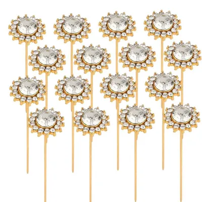 Productafbeelding van Bloemenaccessoires met decoratieve stekers - Met kristallen kop van metaallegering en strasssteentjes - Geschikt voor bruidsboeketten en haaraccessoires - 16 stuks