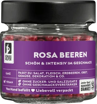 Produktbild von Pfeffer rot, ganz, Pfefferbeere rosa, leicht pikant, hervorragend für Salate und Gemüse, 30g im Glas