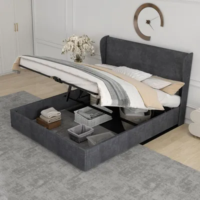 Obrázek produktu pro okwish čalouněná postel 160x200, dvoulůžko s úložným prostorem, postel pro mládež s pohodlným čelem, rám postele s plynovým pístovým mechanismem, šedá (bez matrace)