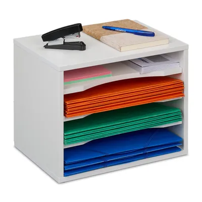 Zdjęcie produktu dla Relaxdays – organizer na dokumenty, 4 przegródki, wymiary: 28 x 35,5 x 25 cm, format A4, organizer biurowy, na biurko, płyta wiórowa, biały
