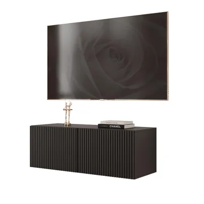 Produktbild von Idohome TV-Lowboard Angel 100 cm Schwarz Matt -TV-Schrank, Hängeschrank, LED, Push-to-Open, Fernsehschrank, geriffelte Front, Medienmöbel, Wohnzimmer
