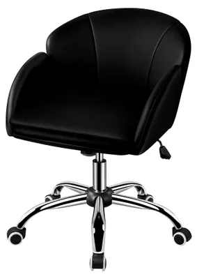Produktbild von Höhenverstellbarer Drehstuhl für Homeoffice, Schminkstuhl und Schreibtischstuhl mit Armlehnen und Rückenlehne, belastbar bis 136 kg, für Schlafzimmer, Büro und Wohnzimmer, Schwarz, Kunstleder