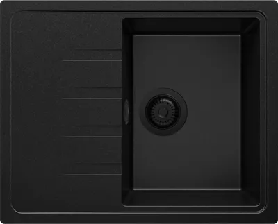 A top-down view of a black granite kitchen sink with a single basin and a drainer.