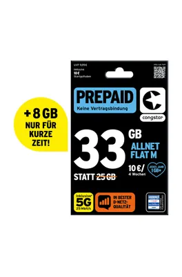 Produktbild von congstar Prepaid Allnet M: 33 GB Datenvolumen & Flatrate für Telefonie und SMS, 5G-Speed, EU-Roaming