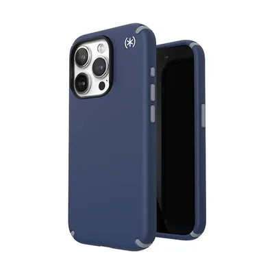 A dark blue phone case is shown from a diagonal angle, with the inside of the case visible.