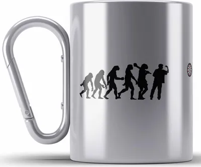 Produktbild von Trendation - Dart Edelstahl Tasse Karabiner Dartpfeil Evolution Spruch Männer Dart-Spieler Geschenkidee (Silber)