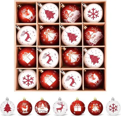 Productafbeelding van Famanu kerstballen set, 16 stuks, 6 cm, kerstboomdecoratie, onbreekbaar, wit, rood