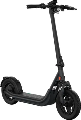 A black electric scooter is shown against a white background.