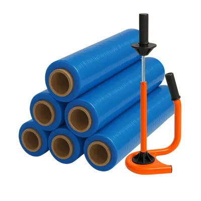 Produktbild von Stretchfolien Abroller Profi Orange + 6 Rollen 2,5 kg Stretchfolie 23 my (blau)